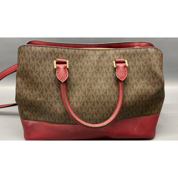 Michael Kors Savannah Large Satchel Brown/Wine Coated Canvas Satchel Hand Bag - Picture 2 of 6